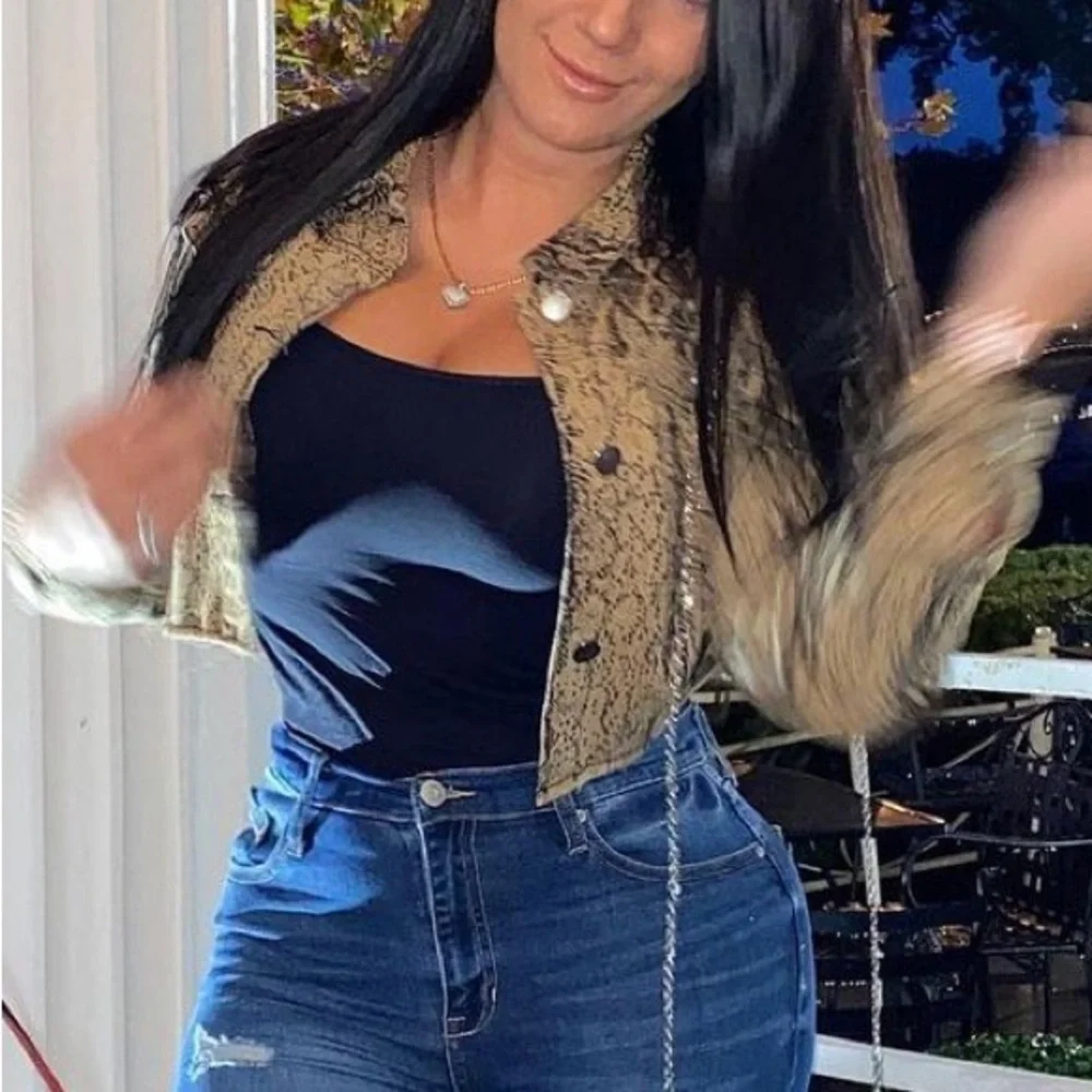 Skirt & Jacket Set Brown Snake Print Tan Denim Stretch - Picture 3 of 8